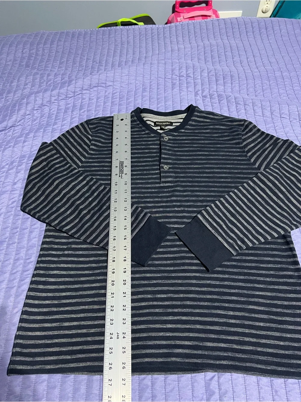 Banana Republic Navy and Gray Striped Henley Long-Sleeve Shirt XL